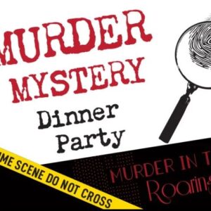 Graphic saying Murder Mystery Dinner Party with magnifying glass