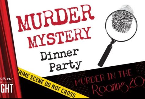 Graphic saying Murder Mystery Dinner Party with magnifying glass