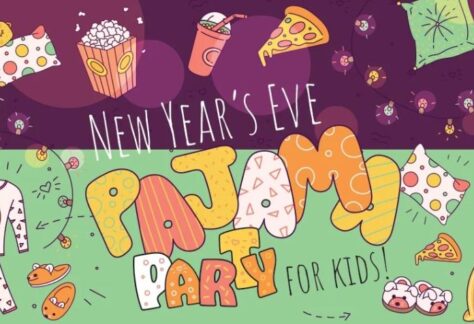 Colorful graphic saying New Year's Eve Pajama Party for Kids