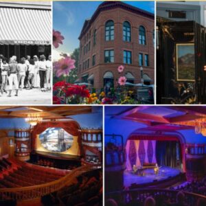 Photo of opera house exterior and interior plus a historic photo