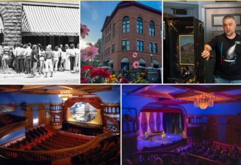 Photo of opera house exterior and interior plus a historic photo