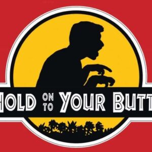 Logo for Hold Onto Your Butts film with silhouette of man-dinosaur