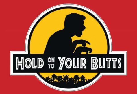 Logo for Hold Onto Your Butts film with silhouette of man-dinosaur