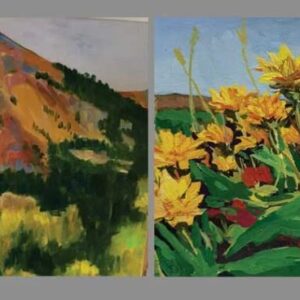 Two paintings, of mountains and of flowers