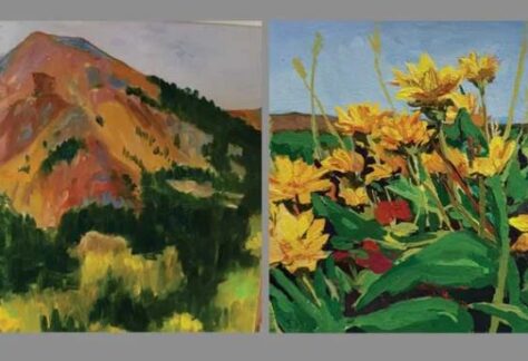 Two paintings, of mountains and of flowers