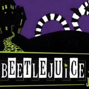 Purple, black and green drawing with word Beetlejuice