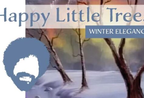 Painting of trees in snow with outline of bearded man's face