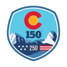 Colorado 150 America 250 logo showing mountains, stars and stripes
